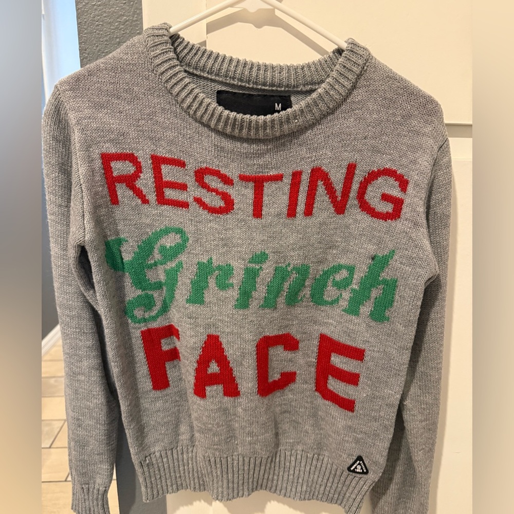 American Stitch Gray Sweater with resting grinch face Christmas